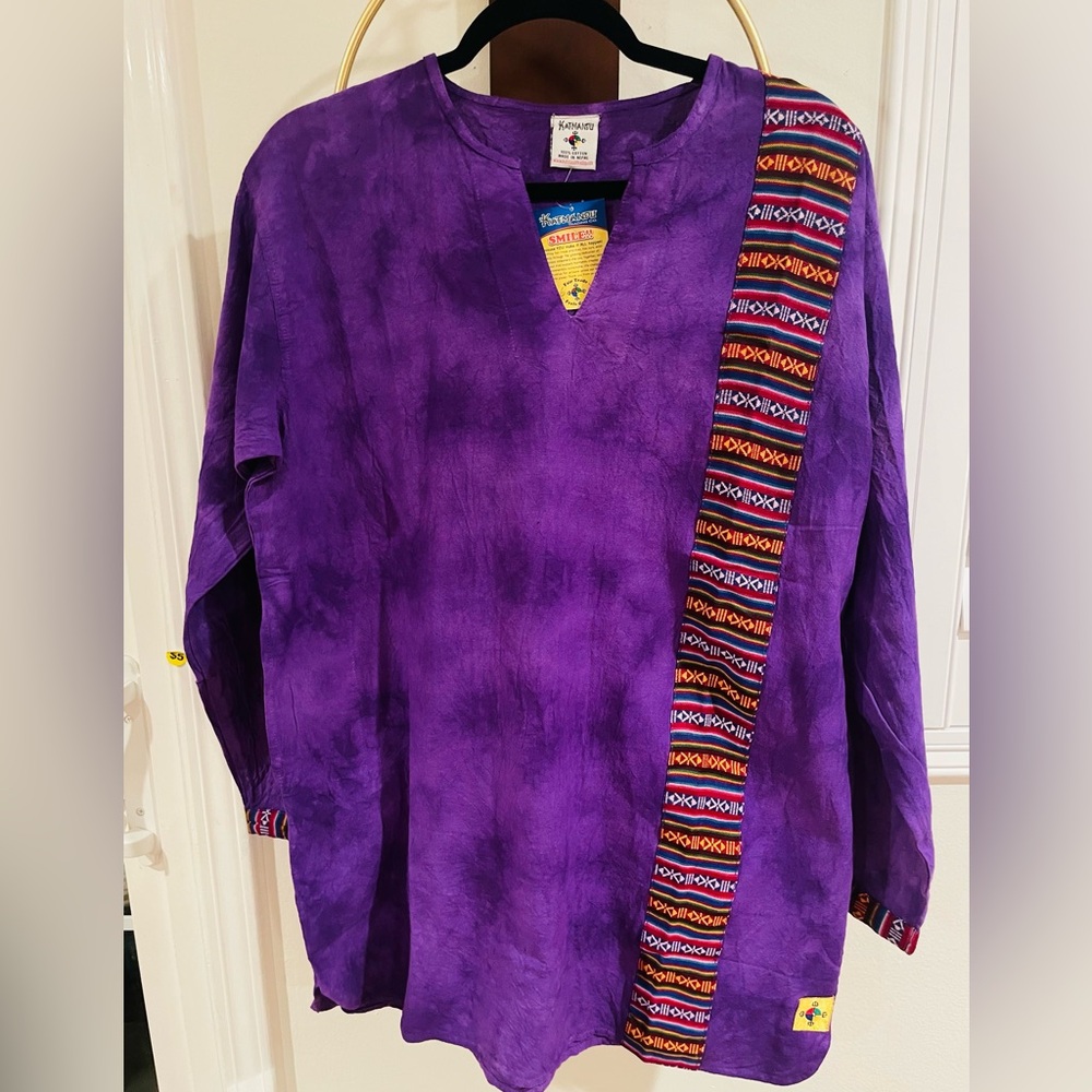 Kathmandu Purple Tie-Dye Top with Multicolor Woven Trim